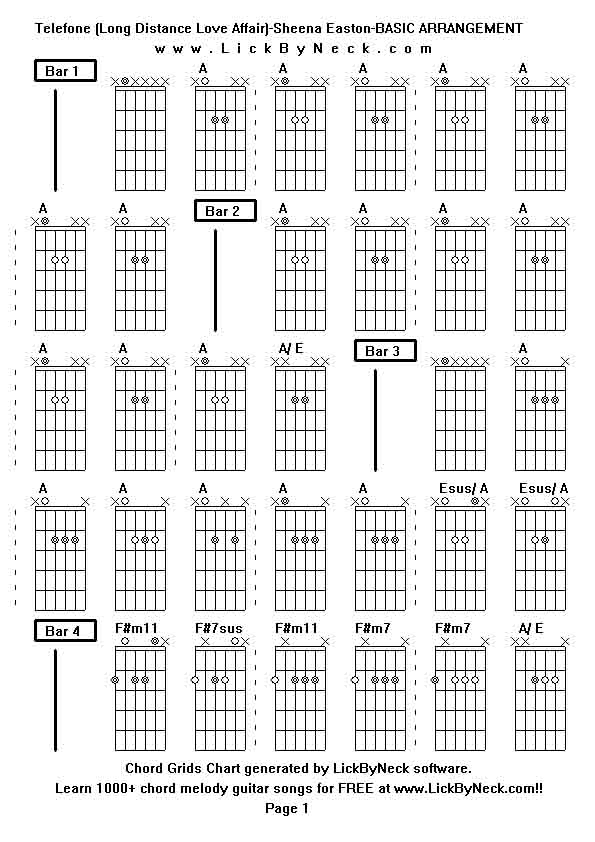 Chord Grids Chart of chord melody fingerstyle guitar song-Telefone (Long Distance Love Affair)-Sheena Easton-BASIC ARRANGEMENT,generated by LickByNeck software.